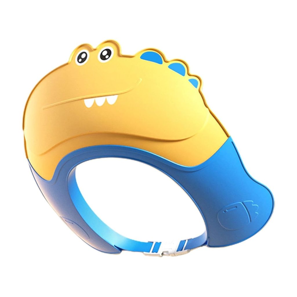 Casca de Dus, Flippy, Previne Scurgerea Apei si Samponului pe Fata, 0-12 Ani, Ajustabila, din TPE+PP, 20 x 23 cm, Model Crocodil, Galben/Albastru