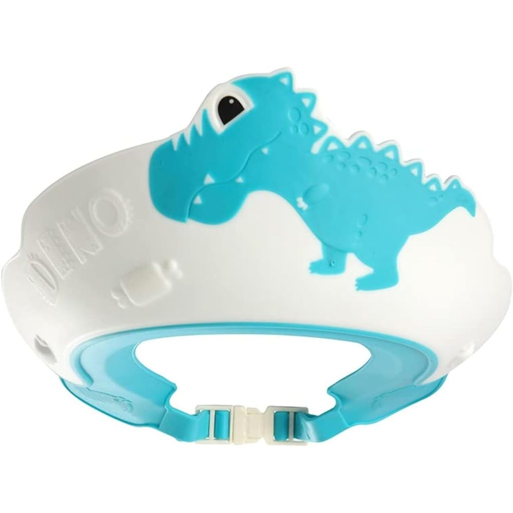 Viziera de Protectie Baie Pentru Copii, Fippy, Model Dinozaur, Dimensiune ajustabila, Durabil, Usor de curatat, Impotriva Samponului, pentru Ochi si Urechi, TPE+PP, 22x21 cm, Albastru