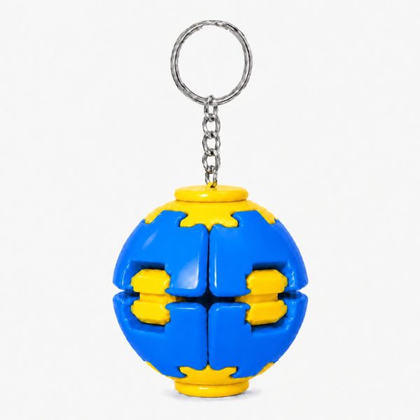 Denumire recomandată:  Minge Senzorială Antistres Rotativă 3D, Flippy, Tip Fidget Spinner, cu Breloc și Sistem Push and Spin, 4.5x5 cm, Albastru și Galben
