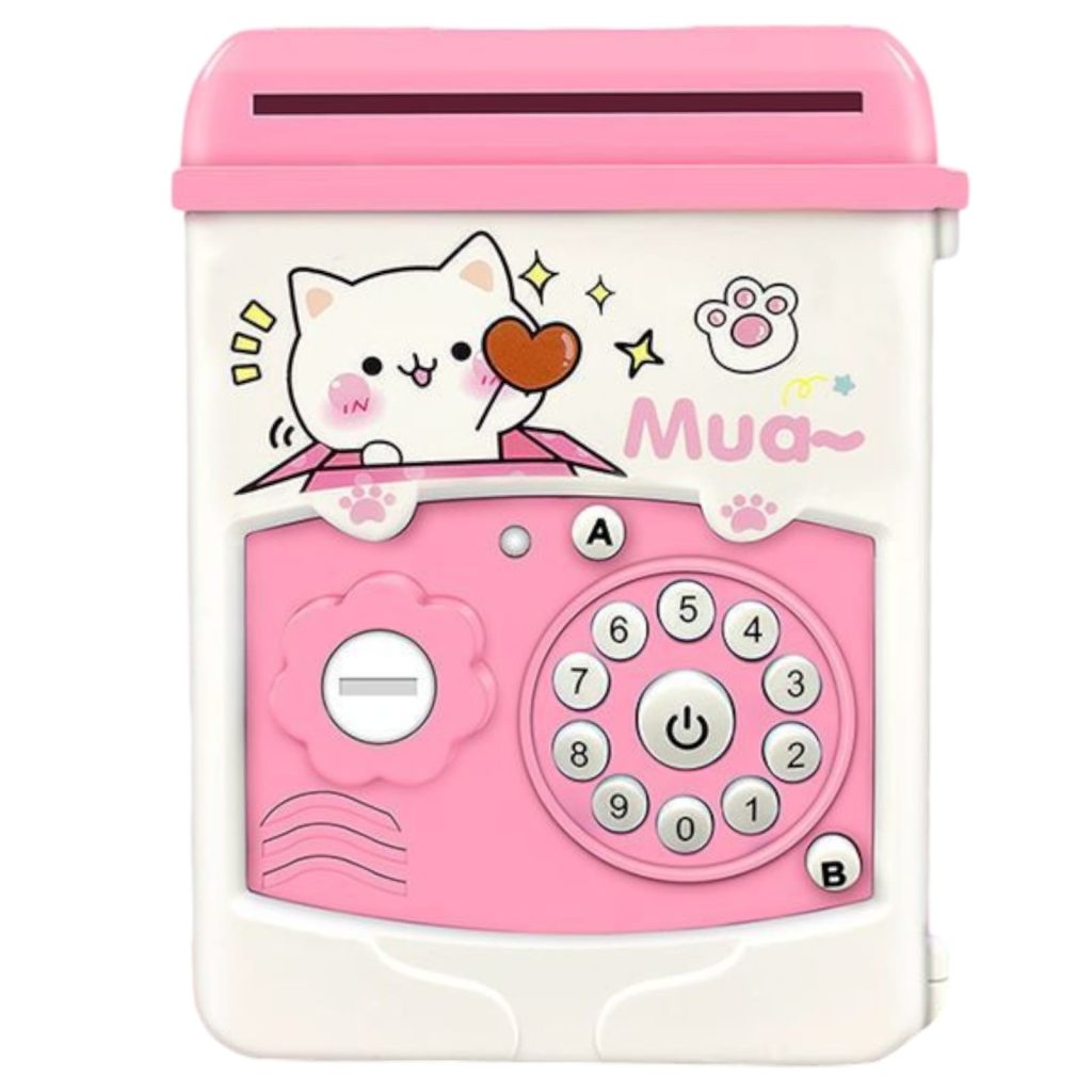 Pusculita pentru Fetite, Flippy, Pusculita pentru Economii PIGGY BOX, Pusculita Simpla cu Key Access, 17 x 11.5 x 10 cm, 400 gr, Alb Roz