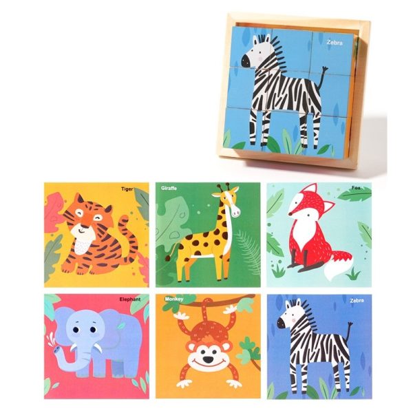 Puzzle din Lemn, Flippy, 9 Cuburi, 6 Fete, 4-6 Ani, 11 x 11 x 3.2 cm, Model Animale Salbatice, Multicolor