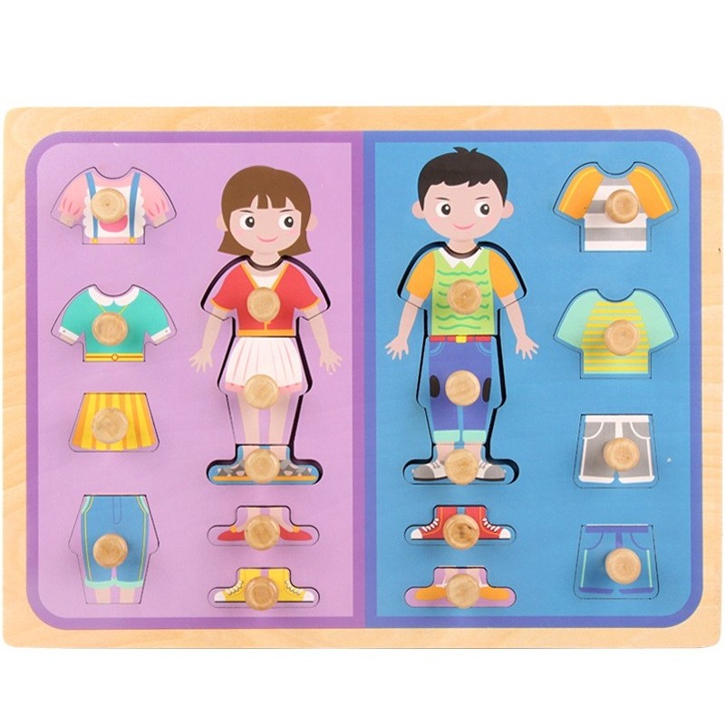 Puzzle Montessori din Lemn pentru Copii, Flippy, 3D, 0-3 Ani, Model Imbracaminte, Educativ, Intuitiv, Creativ, 18 Piese, Multicolor
