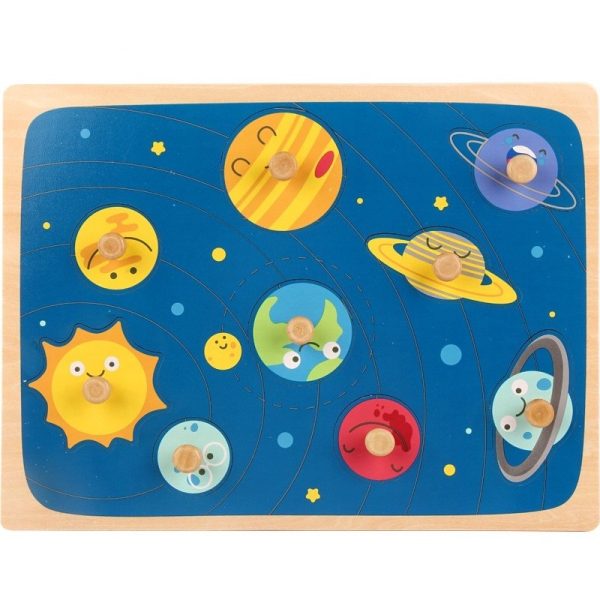 Puzzle Montessori din Lemn pentru Copii, Flippy, 3D, 0-3 Ani, Model Sistemul Solar, Educativ, Intuitiv, Creativ, 9 Piese, 30x22.5x0.8 cm, Multicolor