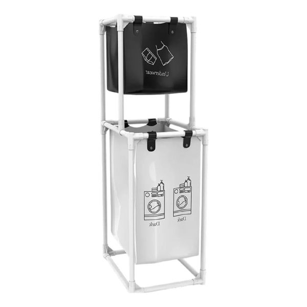 Cos de Rufe, Flippy, cu 2 Etaje, 2 Cosuri, Cadru de Otel Inoxidabil, 97x44x31 cm, Alb