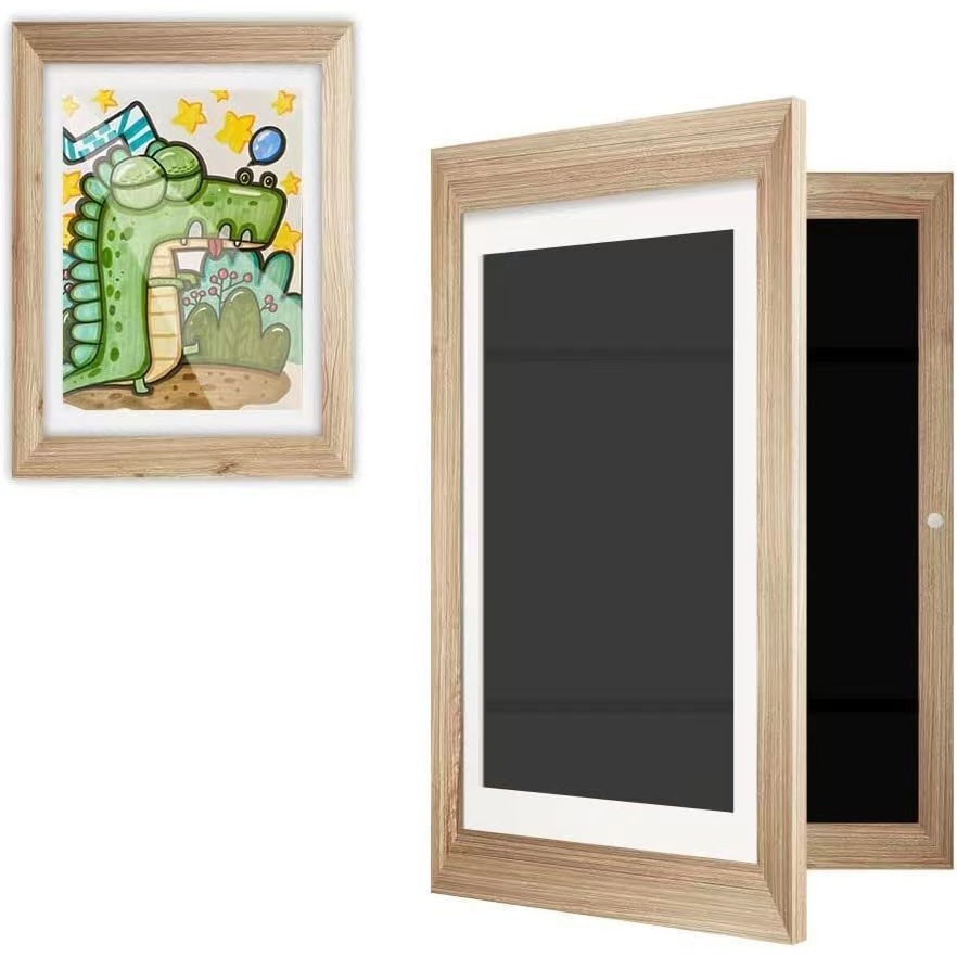 Rama Cutie pentru Foto si Cutie, Flippy, din Lemn, cu Spatiu Pentru Depozitare, Pentru Desene si Picturi A4, Sticla Securizata, 35 x 26 x 4 cm, 530 g, Maro Lemn