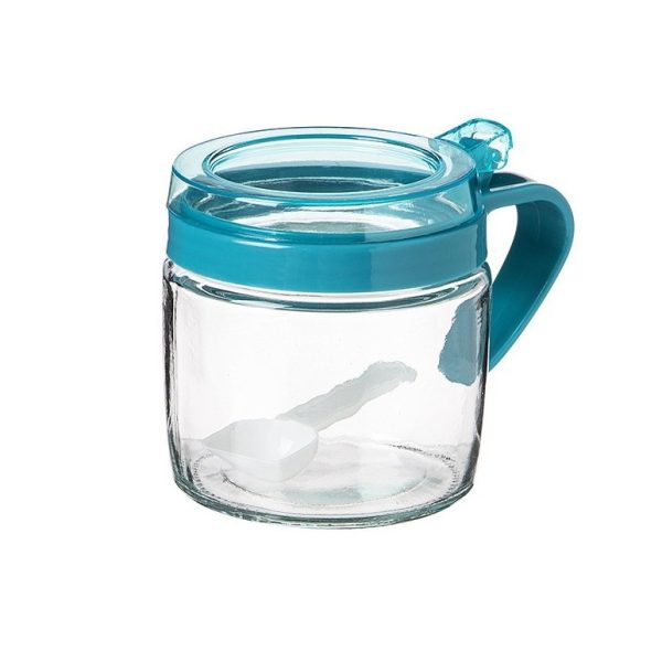 Recipient Condimente, Flippy, din Stilca, 180 ml, cu Maner si Lingurita, 8 x 9 cm, Capac Transparent, Albastru