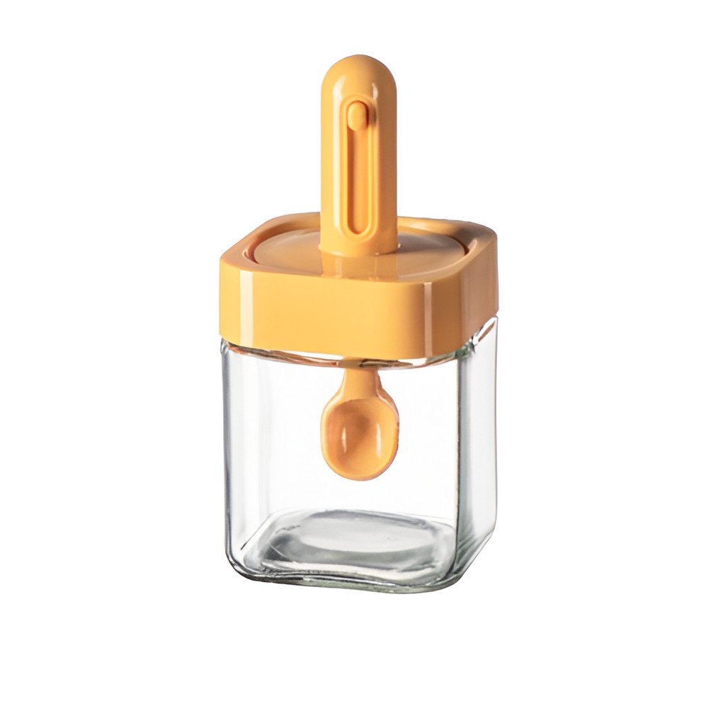Recipient pentru Depozitarea Condimentelor, Flippy, Borcan din Sticla, Capac si Lingura Incorporate, Uz Casnic, 300 ml, 7.1x7.1x14.8 cm, Portocaliu