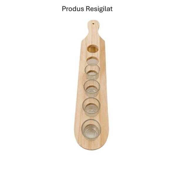 RESIGILAT - Set 6 Pahare Shot din Sticla Flippy, cu Suport din Lemn, Design Rustic, 49.5 x 7 x 6.5 cm, Maro