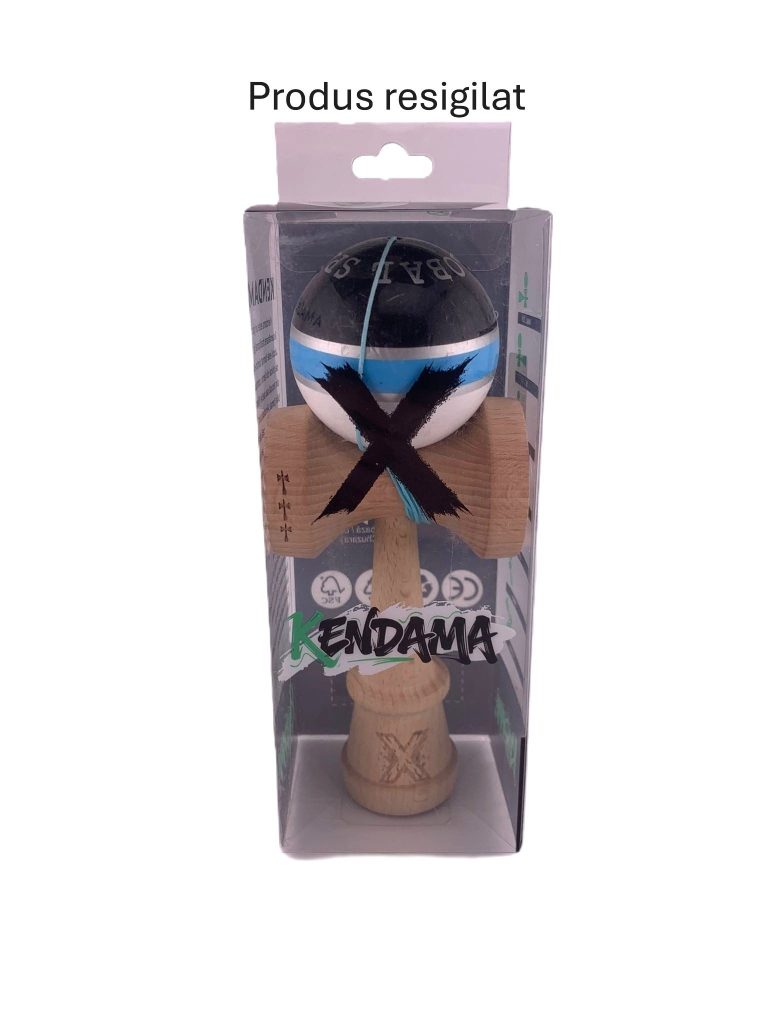 RESIGILAT2 - Kendama X Originala ROYAL SPIKE, Profesionala, Flippy, Cupe Mari KING SIZE V3, Super Sticky, Gaura in Baza, Rulment Metalic, din lemn 18 cm, Ata 62/65 cm, Inel Albastru Deschis