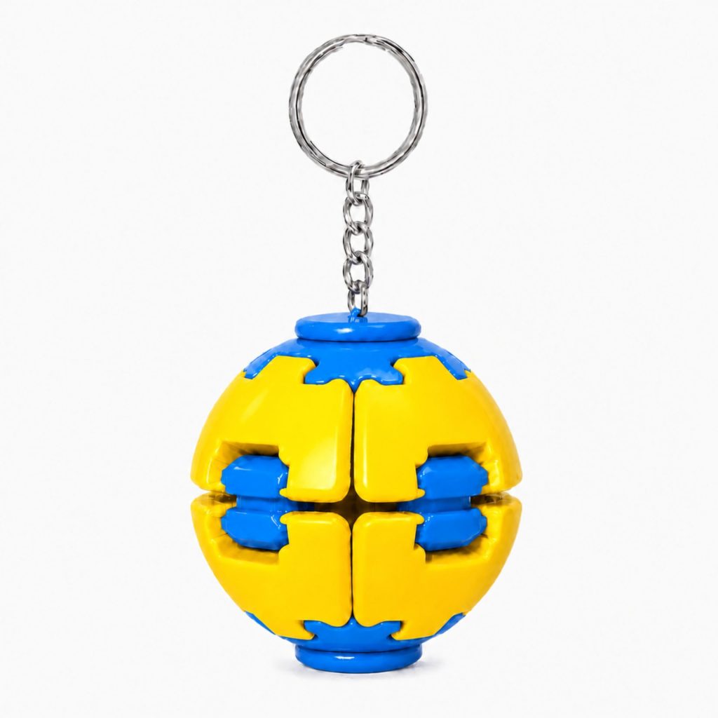 Minge Senzorială Antistres Rotativă 3D, Flippy, Tip Fidget Spinner, cu Breloc și Sistem Push and Spin, 4.5x5 cm, Galben și Albastru