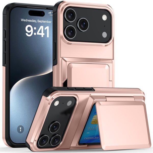 Husa de Protectie compatibila Apple iPhone 17 Pro, Flippy, Compartiment pentru Carduri, Anti-alunecare, Protectie PC, Rezistenta la Zgirieturi, Rose Gold