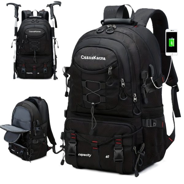 Rucsac Multifunctional de Alpinism, Flippy, Capacitate 36-55 L, de Calatorie, Impermeabil, Slot USB Incarcare Telefon, Bretele Reglabile, 52 x 34 x 19 cm, Negru