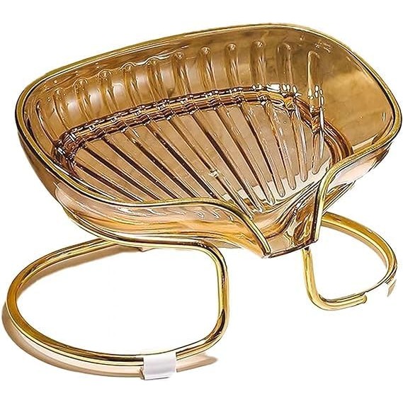 Savonieră cu Suport, Flippy, Sistem de Scurgere a Apei, Design Elegant cu Margine Aurie, Suport Metalic Inclus, 14 x 8.5 x 9 cm, Auriu