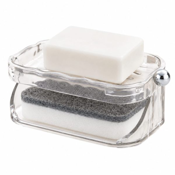 Savoniera Dubla Flippy EasyDry, 2 Straturi, cu Suport pentru Burete, Montare Fara Gaurire, 13.5 x 8.5 x 6 cm, Transparent