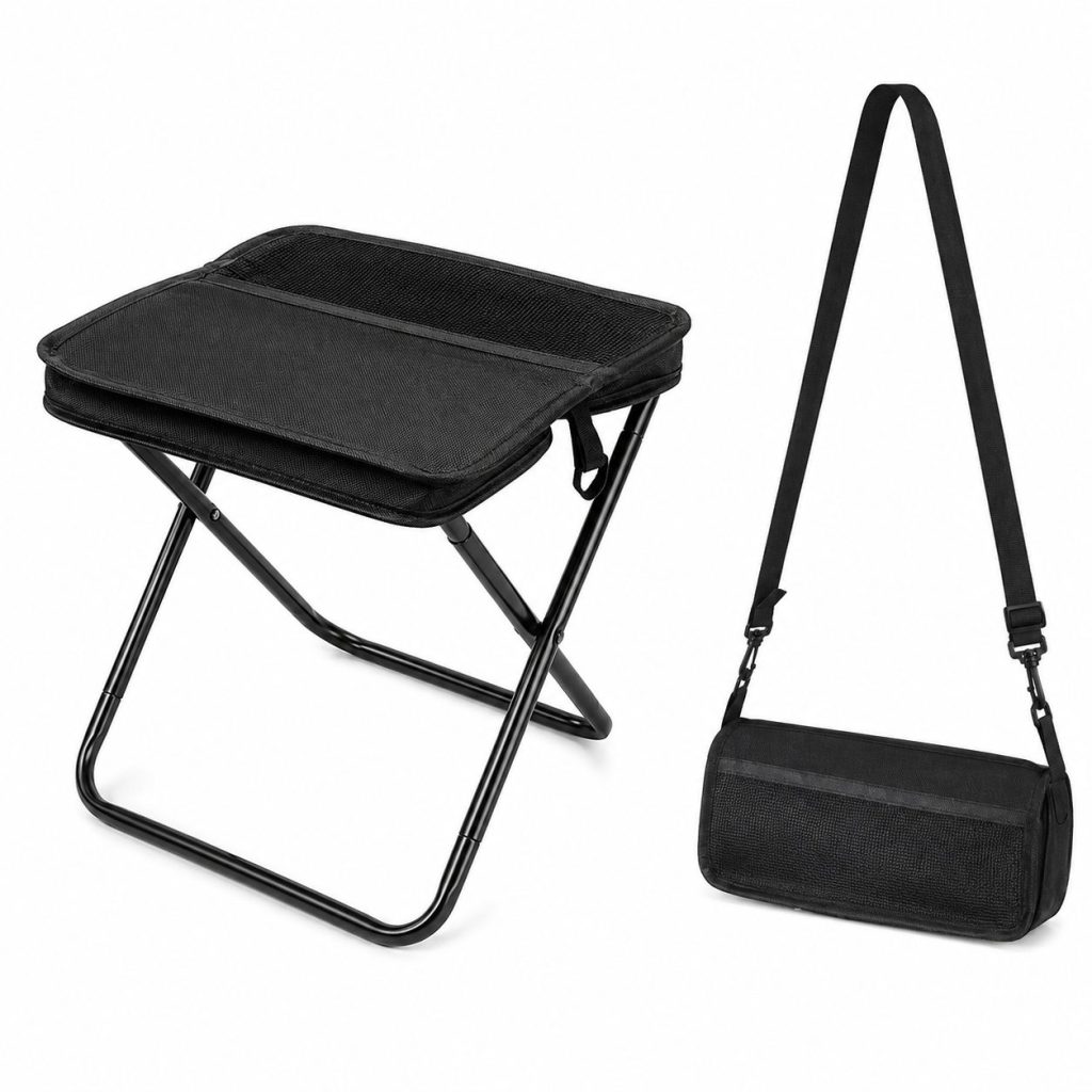 Scaun Taburet Pliabil pentru Camping, Flippy, pentru Adulti, Scaun Portabil, Pescuit, din Panza Oxford si Cadru Metalic, Mare 31 x 29 x 25 cm, Negru