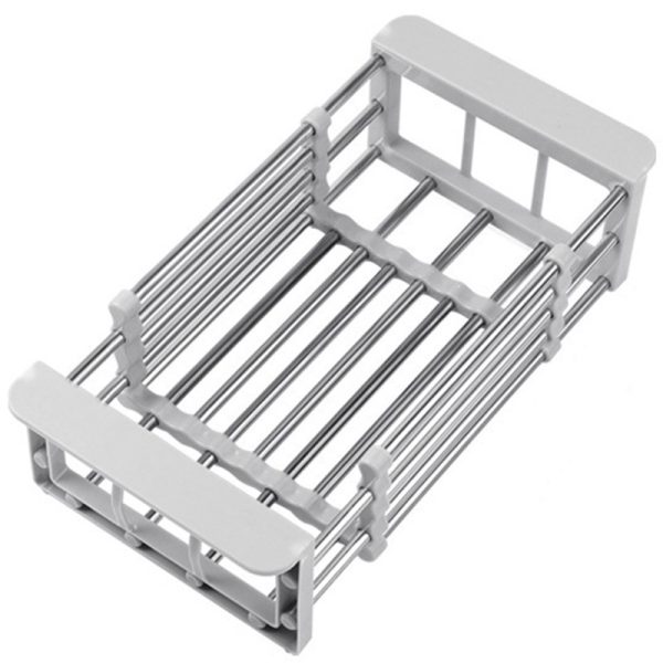 Suport Scurgere Extensibil pentru Bucatarie, Flippy, Uscator Vase din Otel Inoxidabil, Suport Tacamuri si Pahare, Suport pentru Fructe si Legume, 24.5 x 16.5 x 9.5 cm Gri deschis