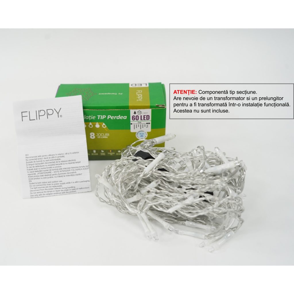 Sectiune Instalatie de Craciun Flippy Tip Perdea, 8 jocuri de lumini, 1x1 m, 60 LED-uri, Interconectabila, Fir Transparent, Alb Rece