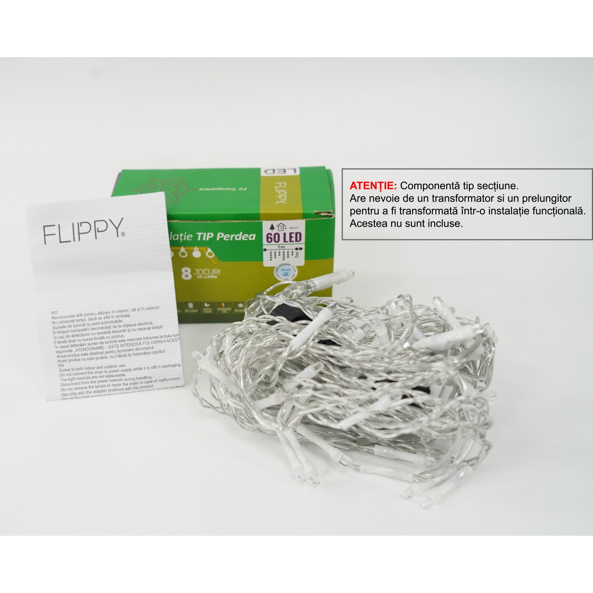 Sectiune Instalatie de Craciun Flippy Tip Perdea, 8 jocuri de lumini, 1x1 m, 60 LED-uri, Interconectabila, Fir Transparent, Alb Rece