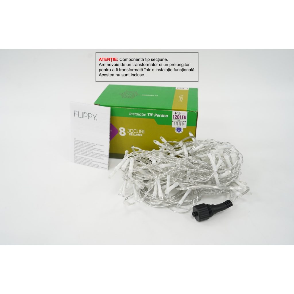 Sectiune Instalatie de Craciun Flippy Tip Perdea, 8 jocuri de lumini, 2m x1 m, 120 LED-uri, Interconectabila, Fir Transparent, Albastru