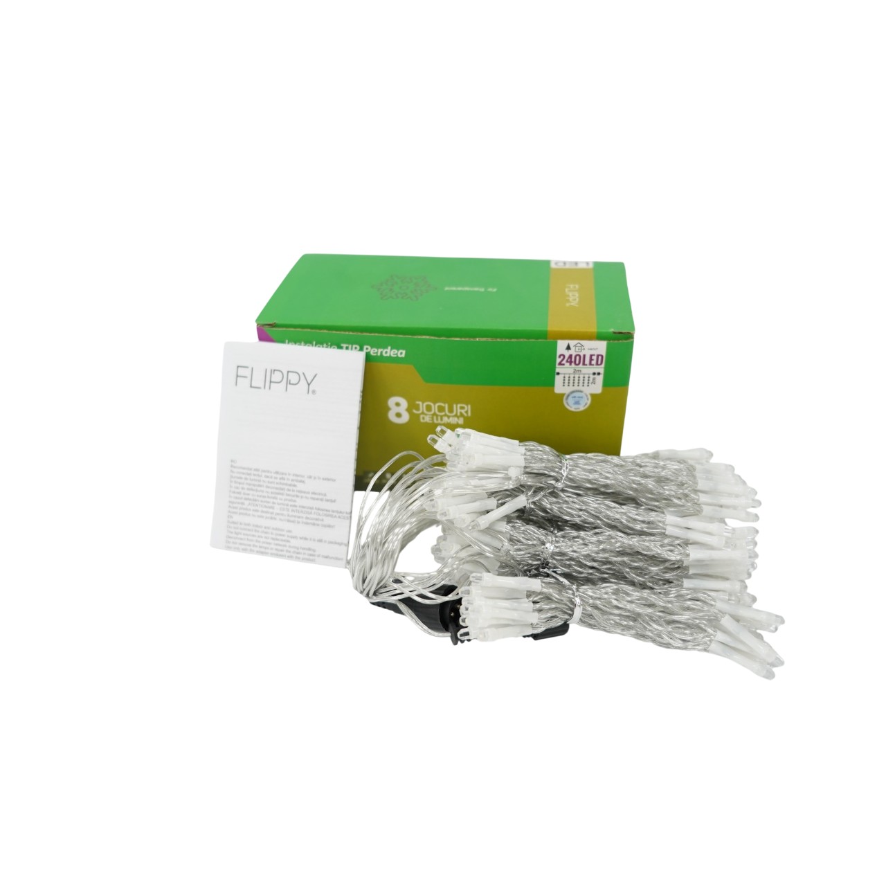 Sectiune Instalatie de Craciun Flippy Tip Perdea, 8 jocuri de lumini, 2m x2 m, 240 LED-uri, Interconectabila, Fir Transparent, Alb-Rece - Image 2