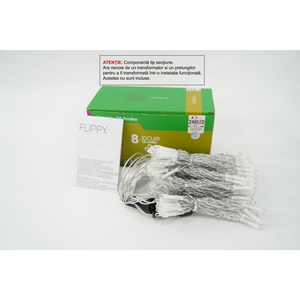 Sectiune Instalatie de Craciun Flippy Tip Perdea, 8 jocuri de lumini, 2m x2 m, 240 LED-uri, Interconectabila, Fir Transparent, Alb-Rece