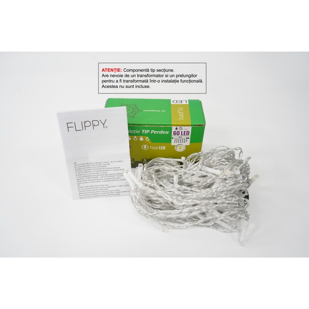 Sectiune Instalatie de Craciun Flippy Tip Perdea, cu Flash, 1 m x 1 m, 60 LED-uri, Interconectabila, Fir Transparent, Alb-cald