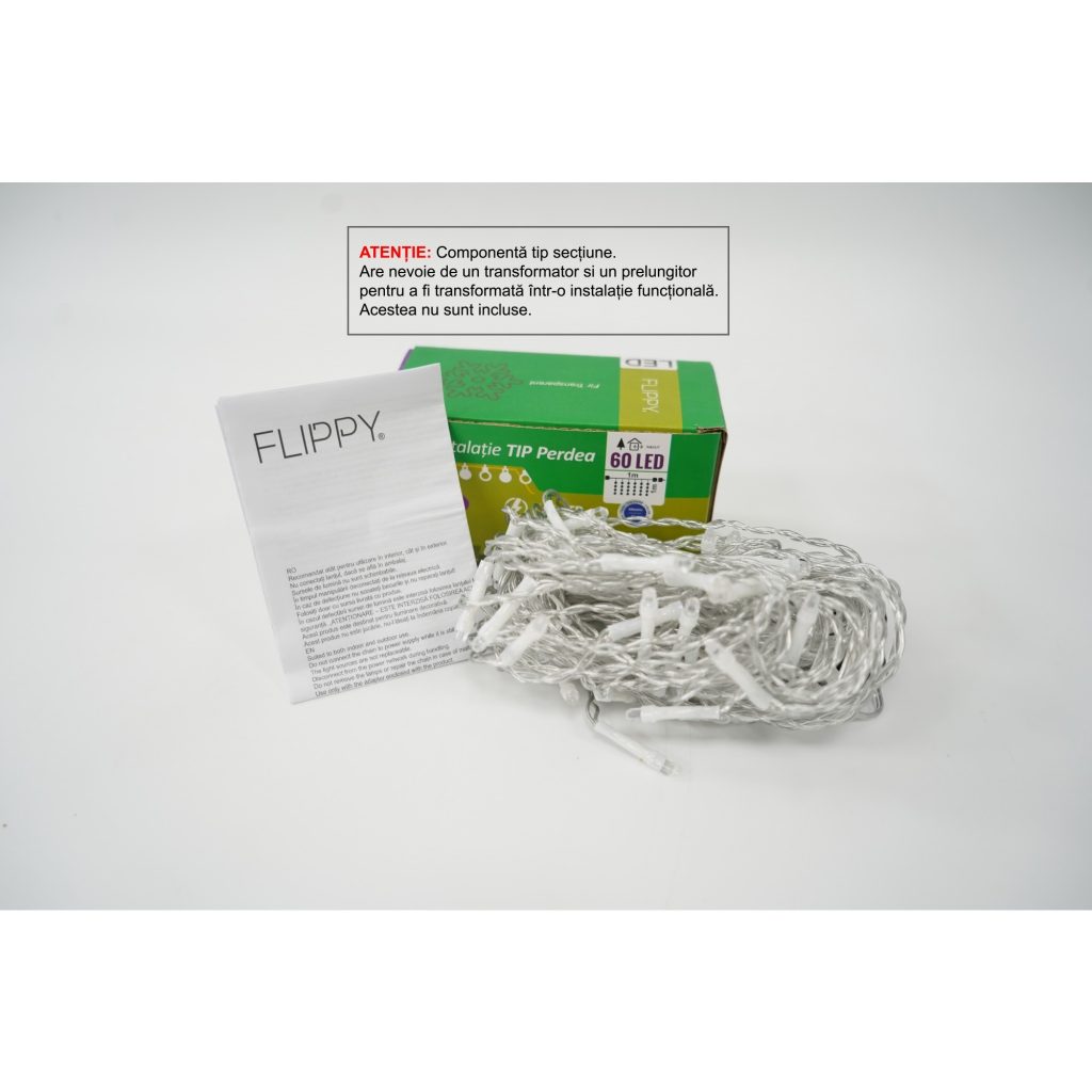 Sectiune Instalatie de Craciun Flippy Tip Perdea, cu Flash, 1 m x 1 m, 60 LED-uri, Interconectabila, Fir Transparent, Albastru