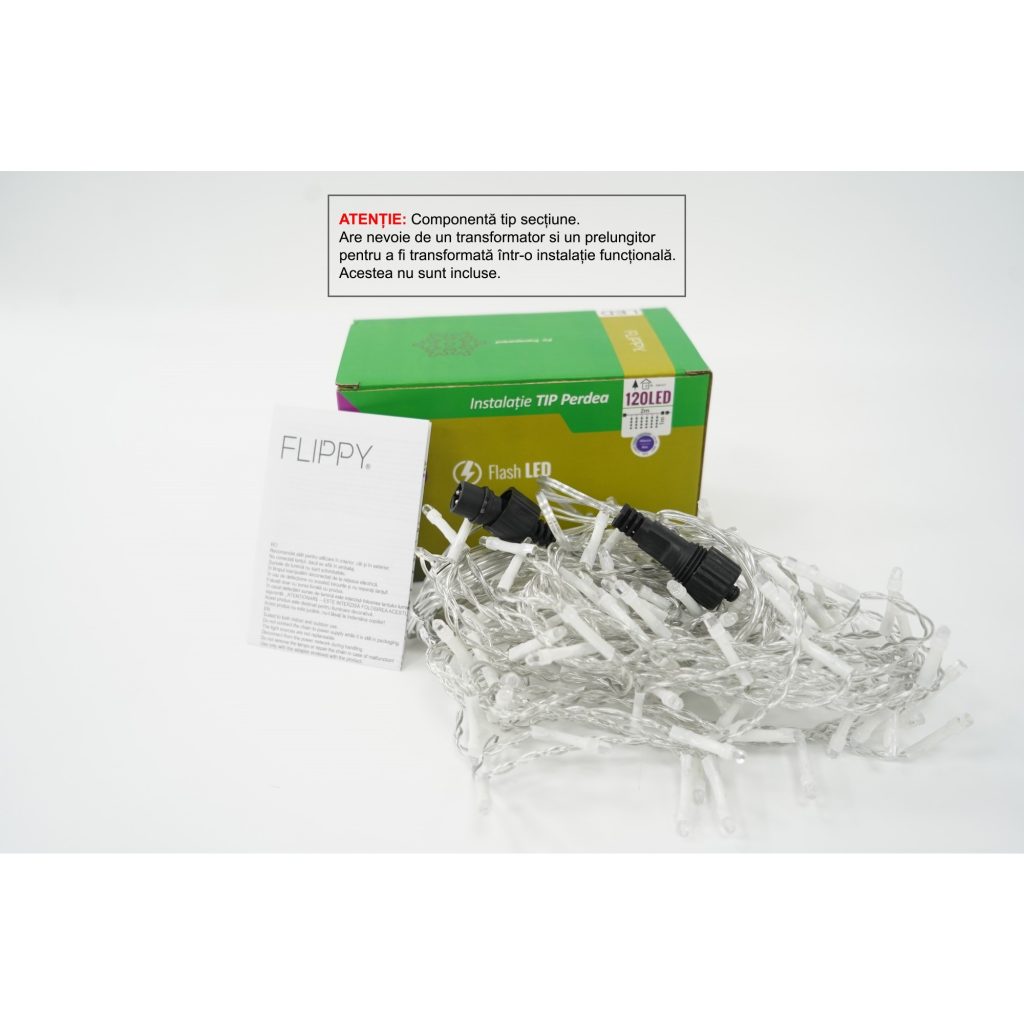 Sectiune Instalatie de Craciun Flippy Tip Perdea, cu Flash, 2 m x 1 m, 120 LED-uri, Interconectabila, Fir Transparent, Albastru
