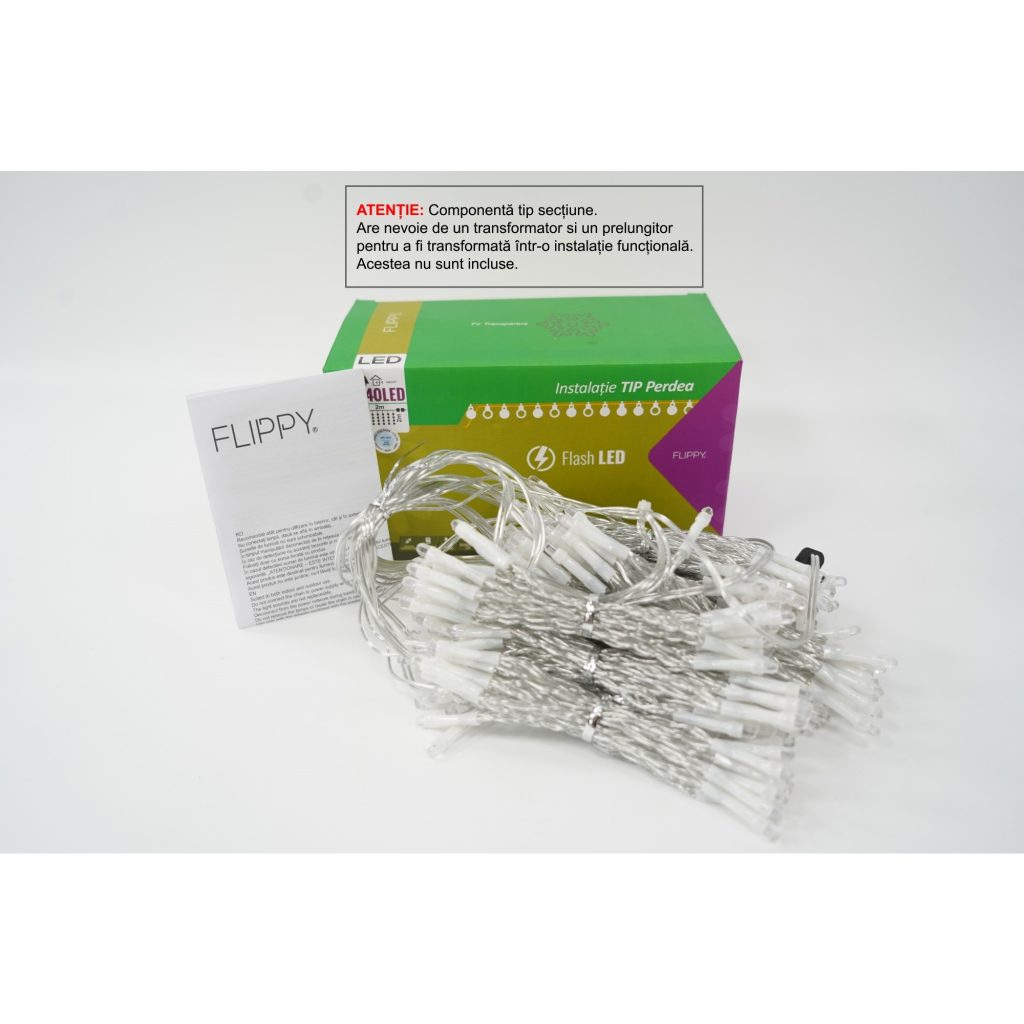 Sectiune Instalatie de Craciun Flippy Tip Perdea, cu Flash, 2 m x 2 m, 240 LED-uri, Interconectabila, Fir Transparent, Alb-Rece