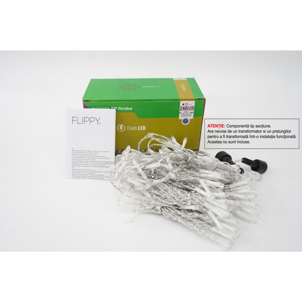 Sectiune Instalatie de Craciun Flippy Tip Perdea, cu Flash, 2 m x 2 m, 240 LED-uri, Interconectabila, Fir Transparent, Albastru