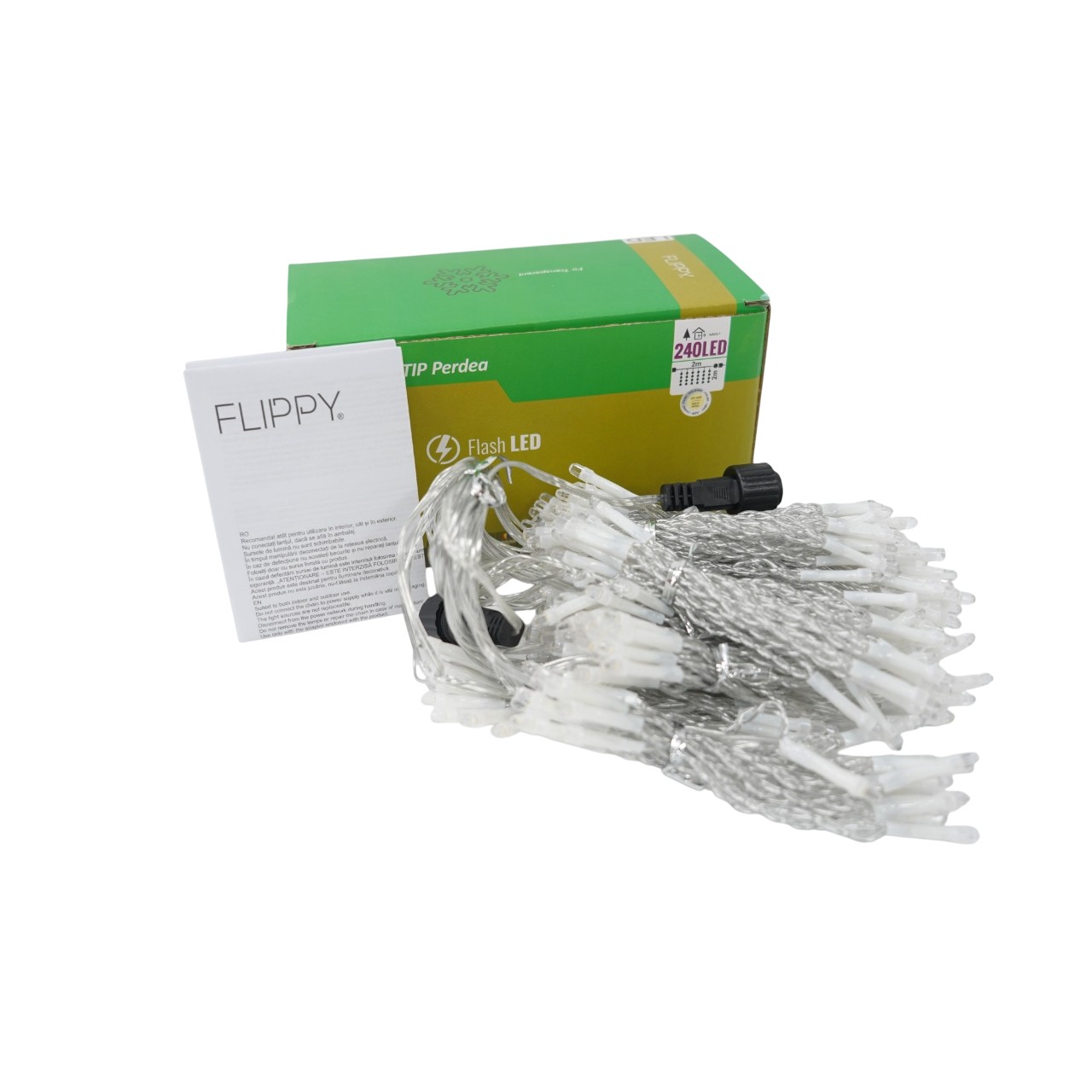 Sectiune Instalatie de Craciun Flippy, Tip Perdea, cu Flash ,2 X 2 m, 240 LED-uri, Interconectabila, Fir Transparent, Alb Cald - Image 2