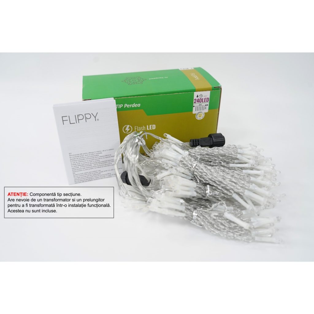 Sectiune Instalatie de Craciun Flippy, Tip Perdea, cu Flash ,2 X 2 m, 240 LED-uri, Interconectabila, Fir Transparent, Alb Cald