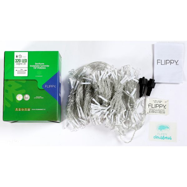Sectiune Instalatie de Craciun Flippy Tip Perdea, cu 8 jocuri de lumini, 3 m x 3 m, 240 LED-uri, Interconectabila, Fir Transparent, Alb Rece