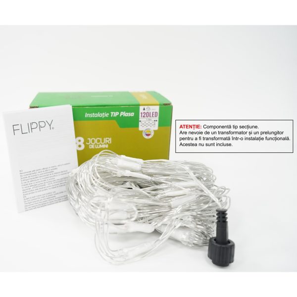 Sectiune Instalatie de Craciun Flippy, Tip Plasa, 120 LED-uri, 1.5 x 1.5 m, 8 jocuri de lumini, Interconectabila, Fir transparent, Multicolor