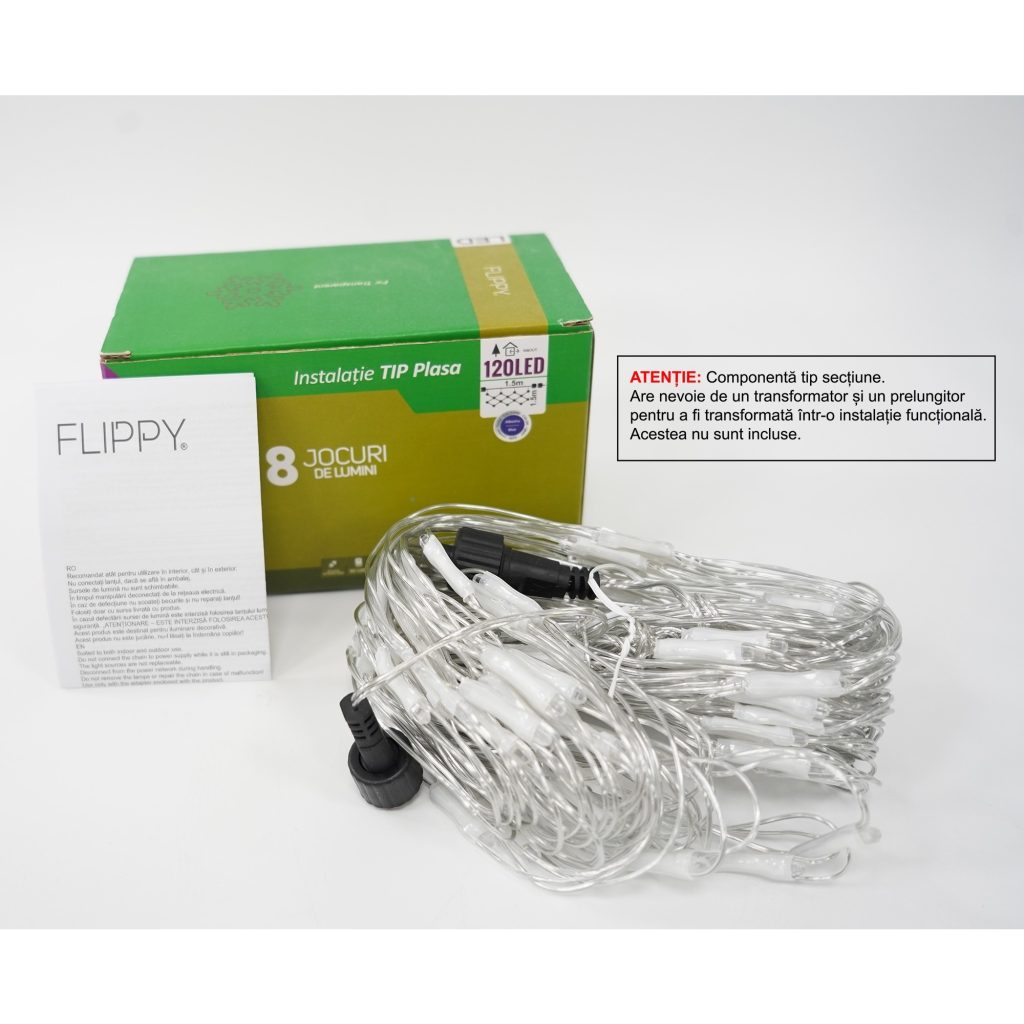 Sectiune Instalatie de Craciun Flippy, Tip Plasa, 120 LED-uri, 1.5 x 1.5 m, 8 jocuri de lumini, Interconectabila, Fir transparent, Albastru