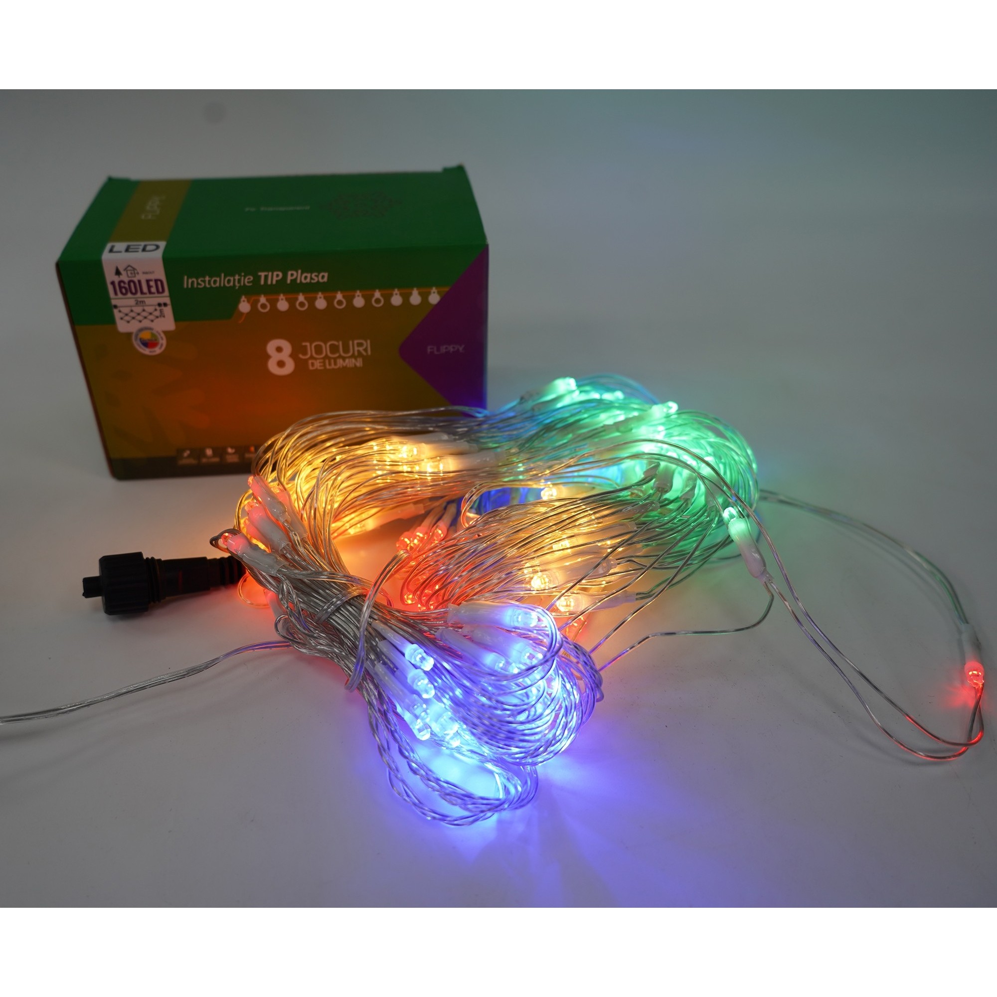 Sectiune Instalatie de Craciun Flippy, Tip Plasa, 160 LED-uri, 2 m x 2 m, 8 jocuri de lumini, Interconectabila, Fir transparent, Multicolor - Image 4