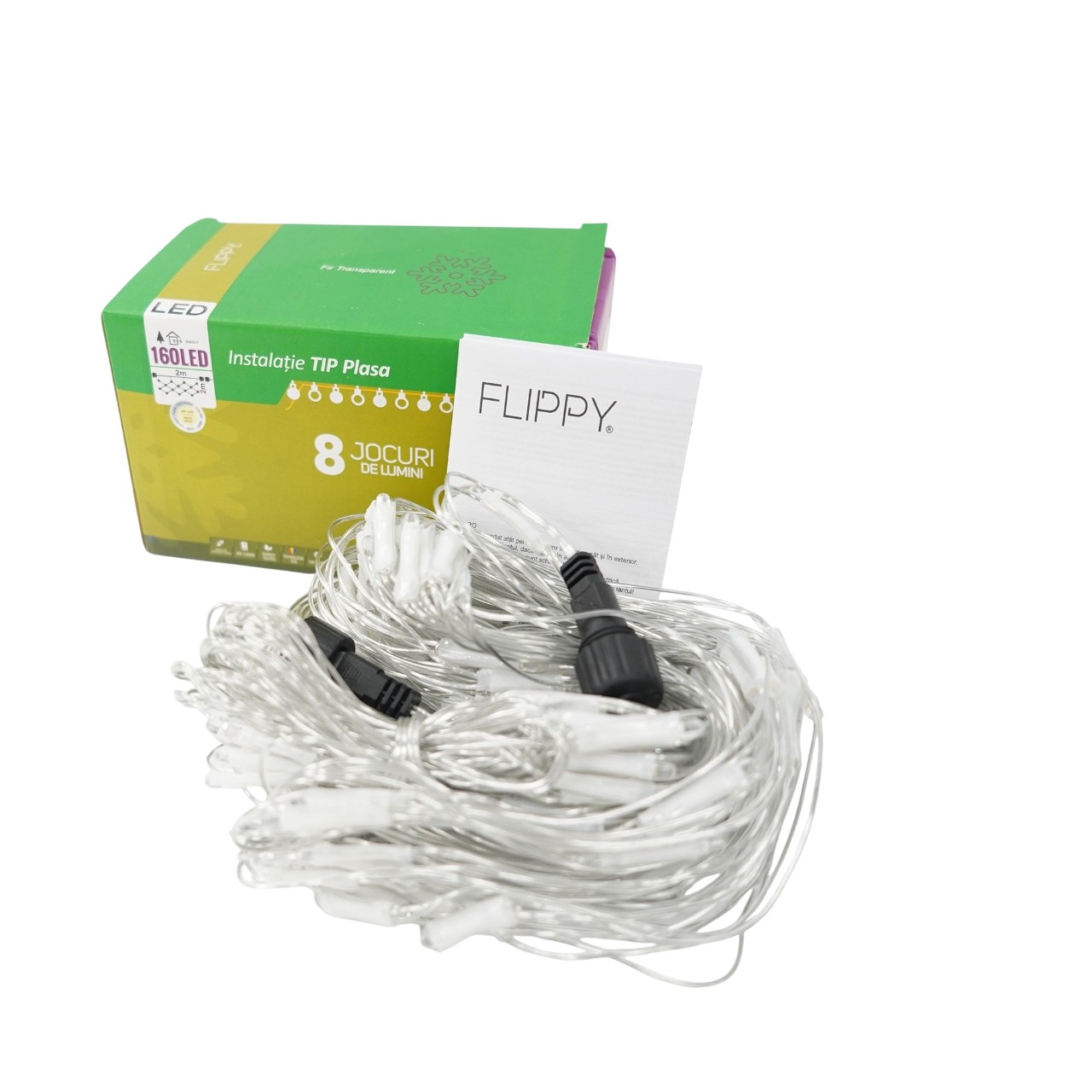 Sectiune Instalatie de Craciun Flippy, Tip Plasa, 160 LED-uri, 2 m x 2 m, 8 jocuri de lumini, Interconectabila, Fir transparent, Alb cald - Image 5