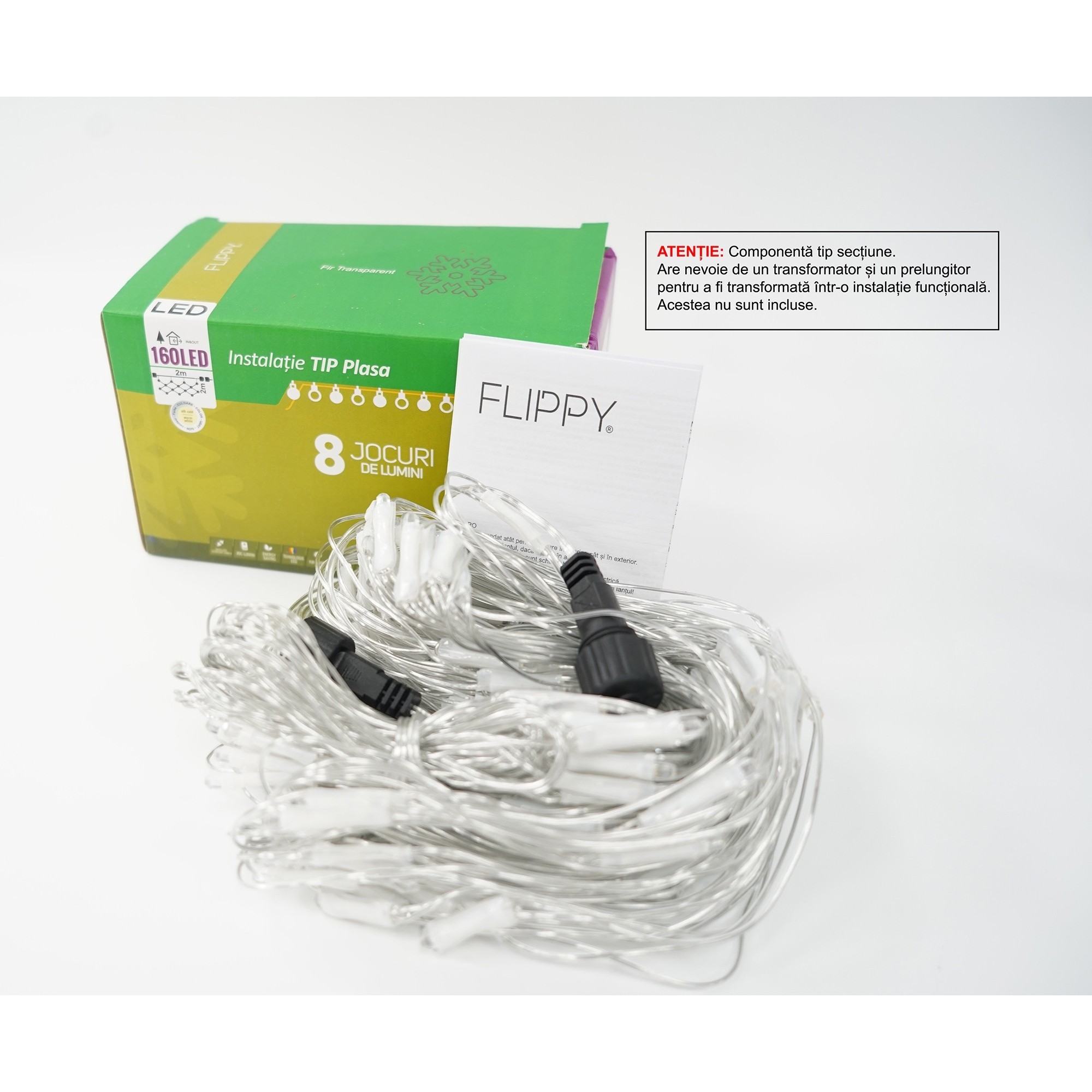 Sectiune Instalatie de Craciun Flippy, Tip Plasa, 160 LED-uri, 2 m x 2 m, 8 jocuri de lumini, Interconectabila, Fir transparent, Alb cald