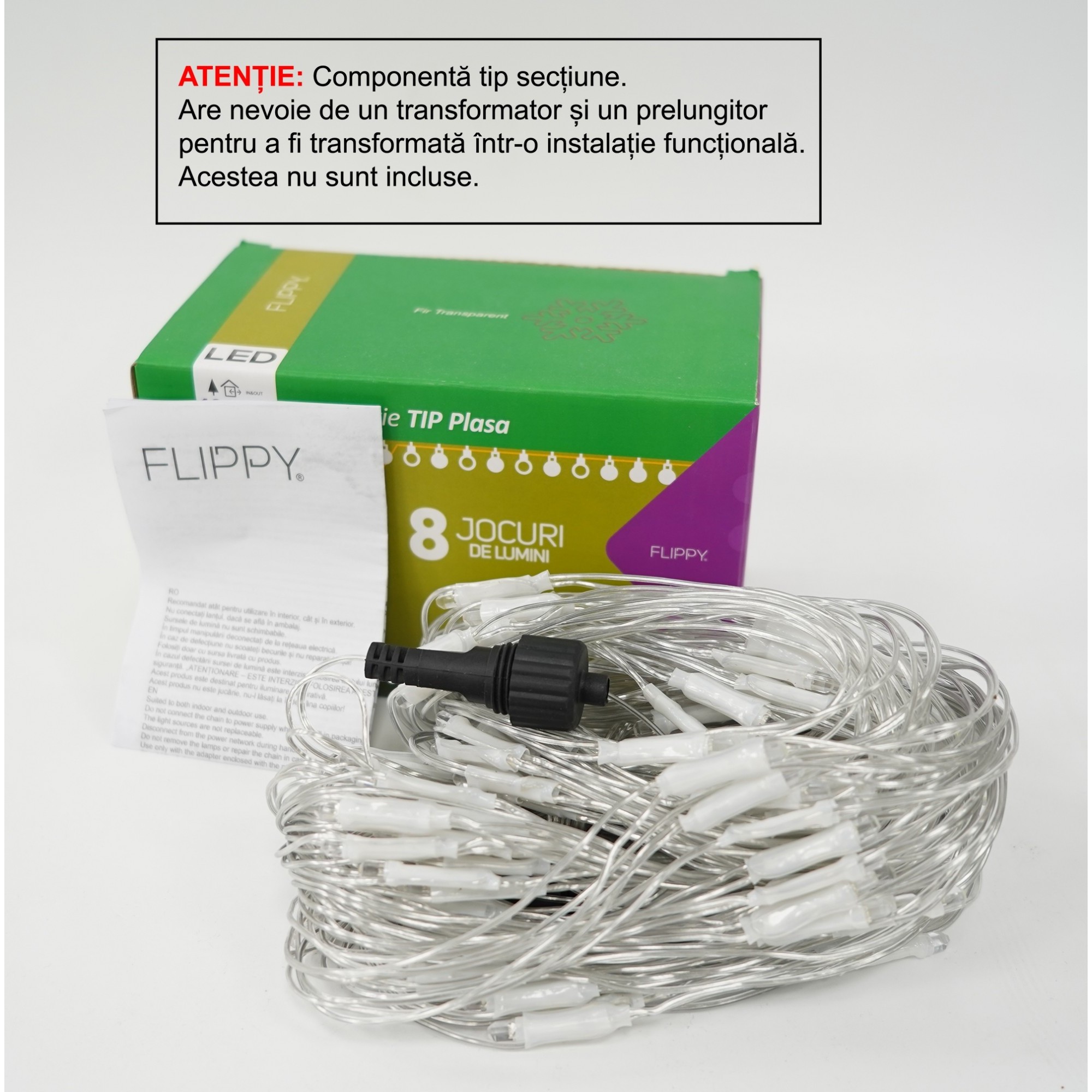 Sectiune Instalatie de Craciun Flippy, Tip Plasa, 160 LED-uri, 2 m x 2 m, 8 jocuri de lumini, Interconectabila, Fir transparent, Multicolor