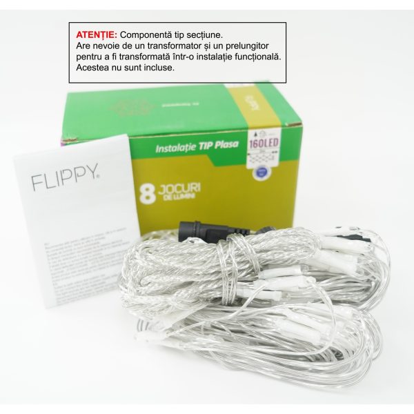 Sectiune Instalatie de Craciun Flippy, Tip Plasa, 160 LED-uri, 2 m x 2 m, 8 jocuri de lumini, Interconectabila, Fir transparent, Albastru