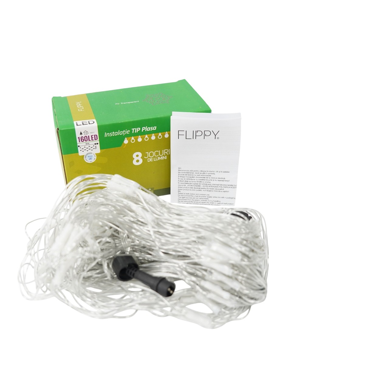 Sectiune Instalatie de Craciun Flippy, Tip Plasa, 160 LED-uri, 3 m x 1 m, 8 jocuri de lumini, Interconectabila, Fir transparent, Alb rece - Image 5
