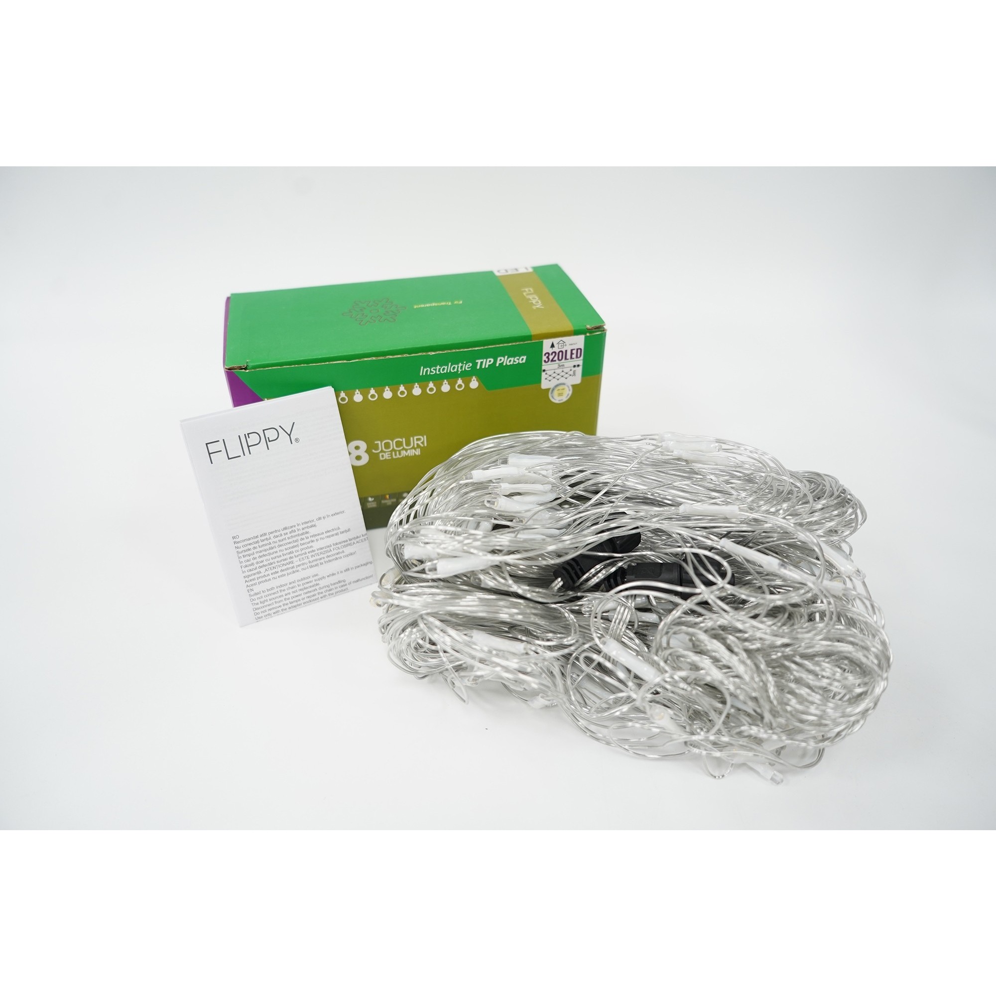 Sectiune Instalatie de Craciun Flippy, Tip Plasa, 320 LED-uri, 3 m x 3 m, 8 jocuri de lumini, Interconectabila, Fir transparent, Alb cald - Image 4