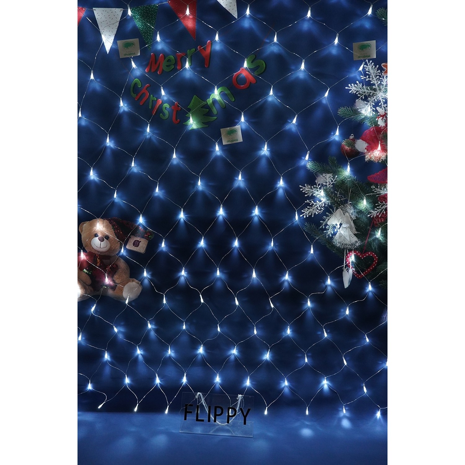 Sectiune Instalatie de Craciun Flippy, Tip Plasa, 320 LED-uri, 3 m x 3 m, 8 jocuri de lumini, Interconectabila, Fir transparent, Alb rece - Image 2