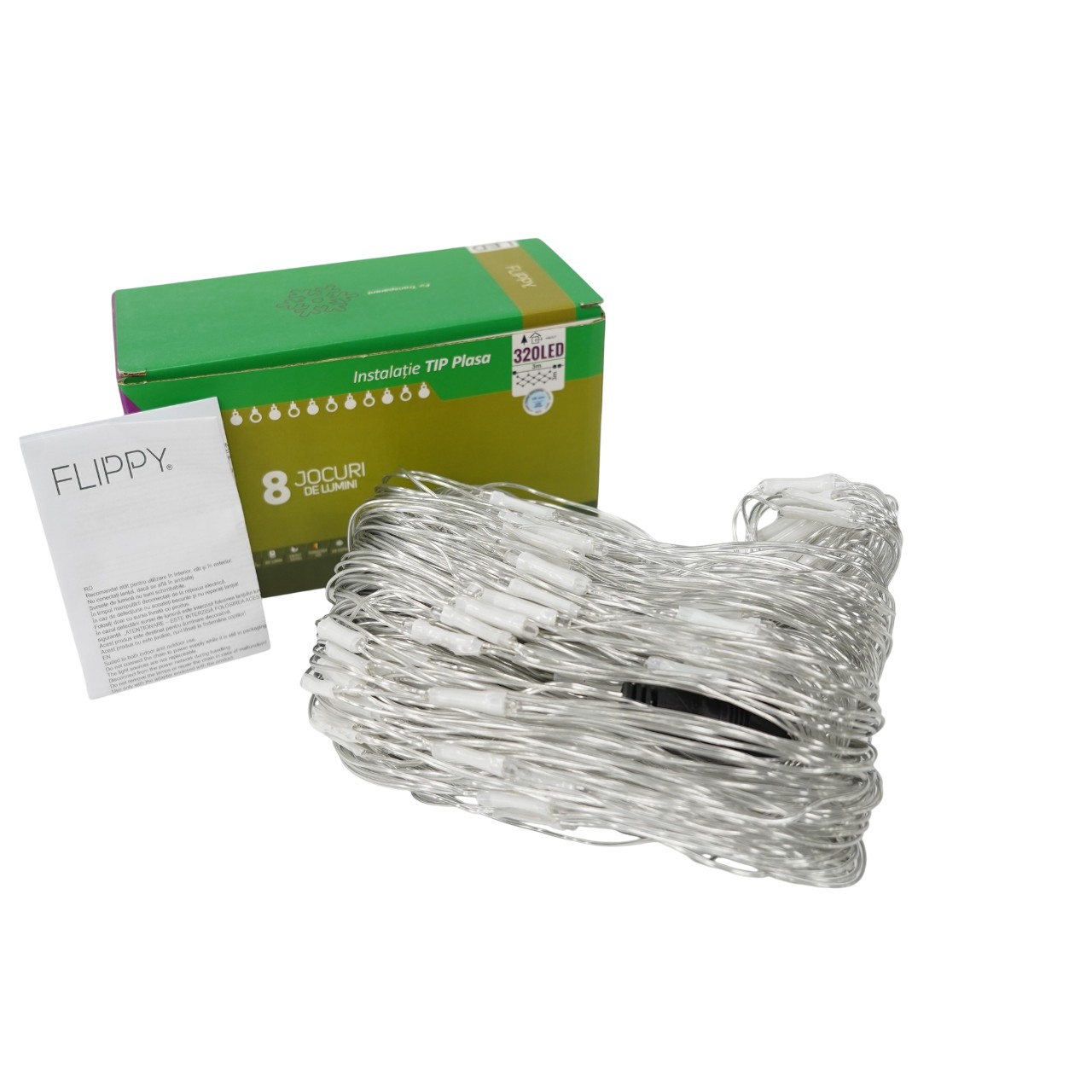 Sectiune Instalatie de Craciun Flippy, Tip Plasa, 320 LED-uri, 3 m x 3 m, 8 jocuri de lumini, Interconectabila, Fir transparent, Alb rece - Image 5