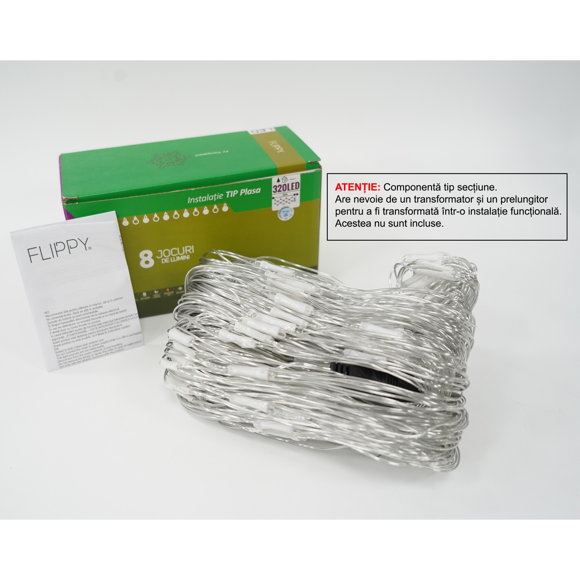 Sectiune Instalatie de Craciun Flippy, Tip Plasa, 320 LED-uri, 3 m x 3 m, 8 jocuri de lumini, Interconectabila, Fir transparent, Alb rece