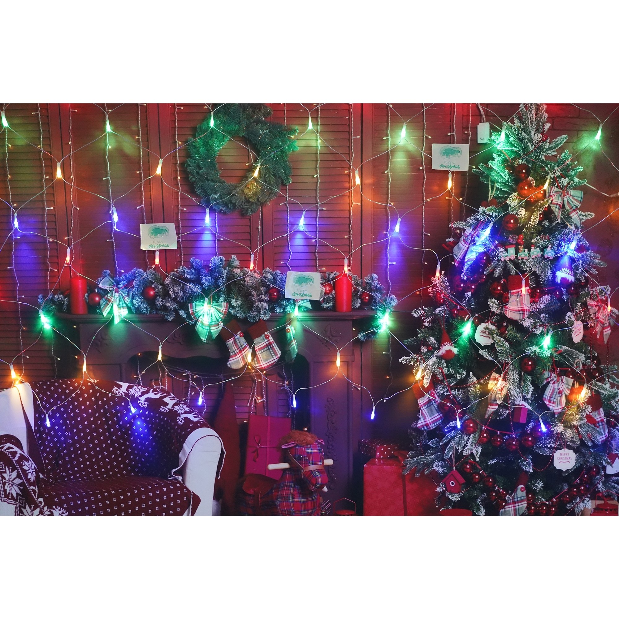Sectiune Instalatie de Craciun Flippy, Tip Plasa, 80 LED-uri, 2 m x 1 m, 8 jocuri de lumini, Interconectabila, Fir transparent, Multicolor - Image 3