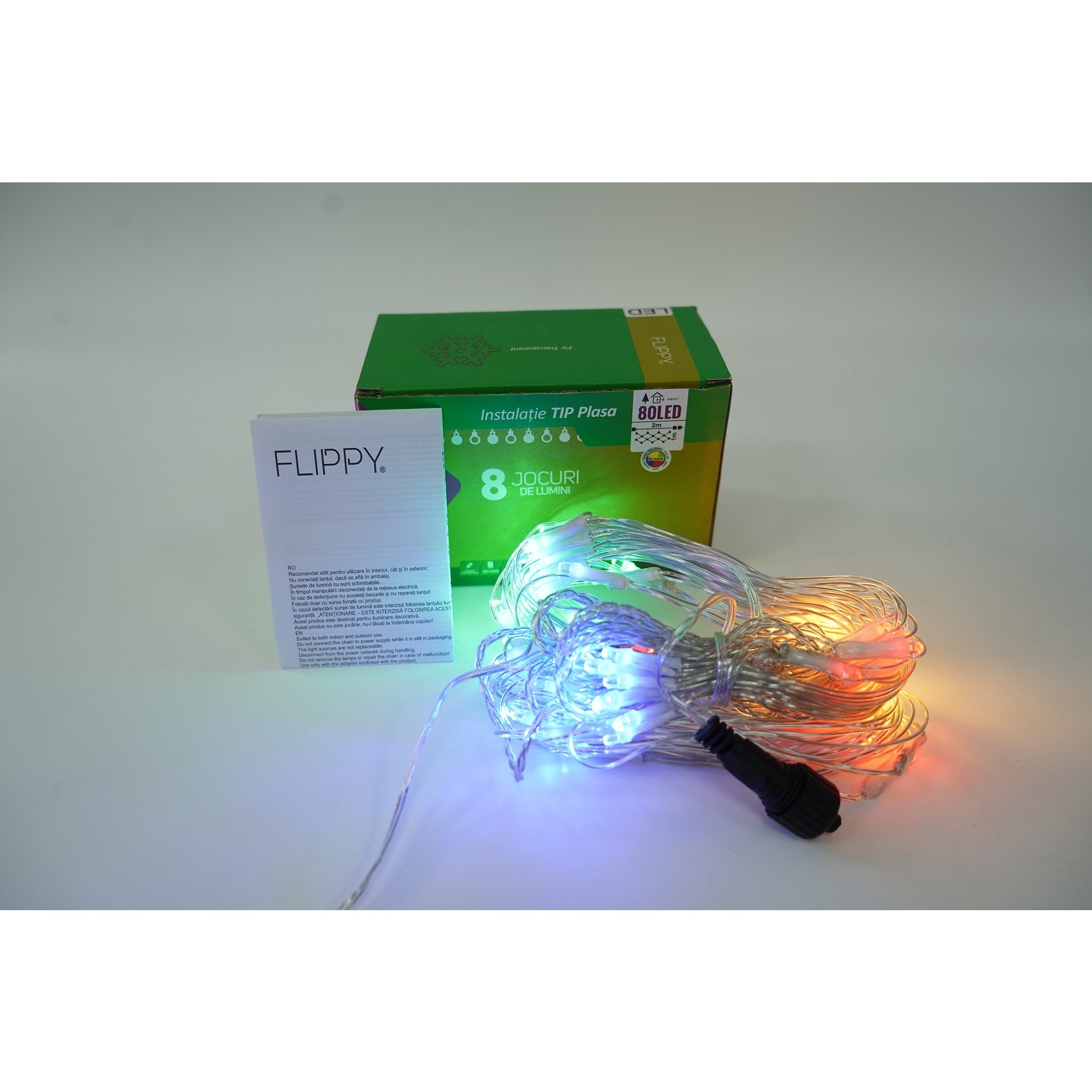 Sectiune Instalatie de Craciun Flippy, Tip Plasa, 80 LED-uri, 2 m x 1 m, 8 jocuri de lumini, Interconectabila, Fir transparent, Multicolor - Image 4