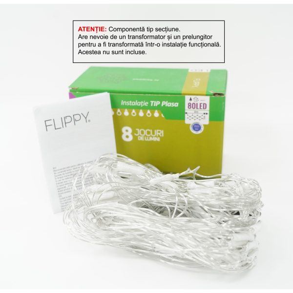 Sectiune Instalatie de Craciun Flippy, Tip Plasa, 80 LED-uri, 2 m x 1 m, 8 jocuri de lumini, Interconectabila, Fir transparent, Albastru