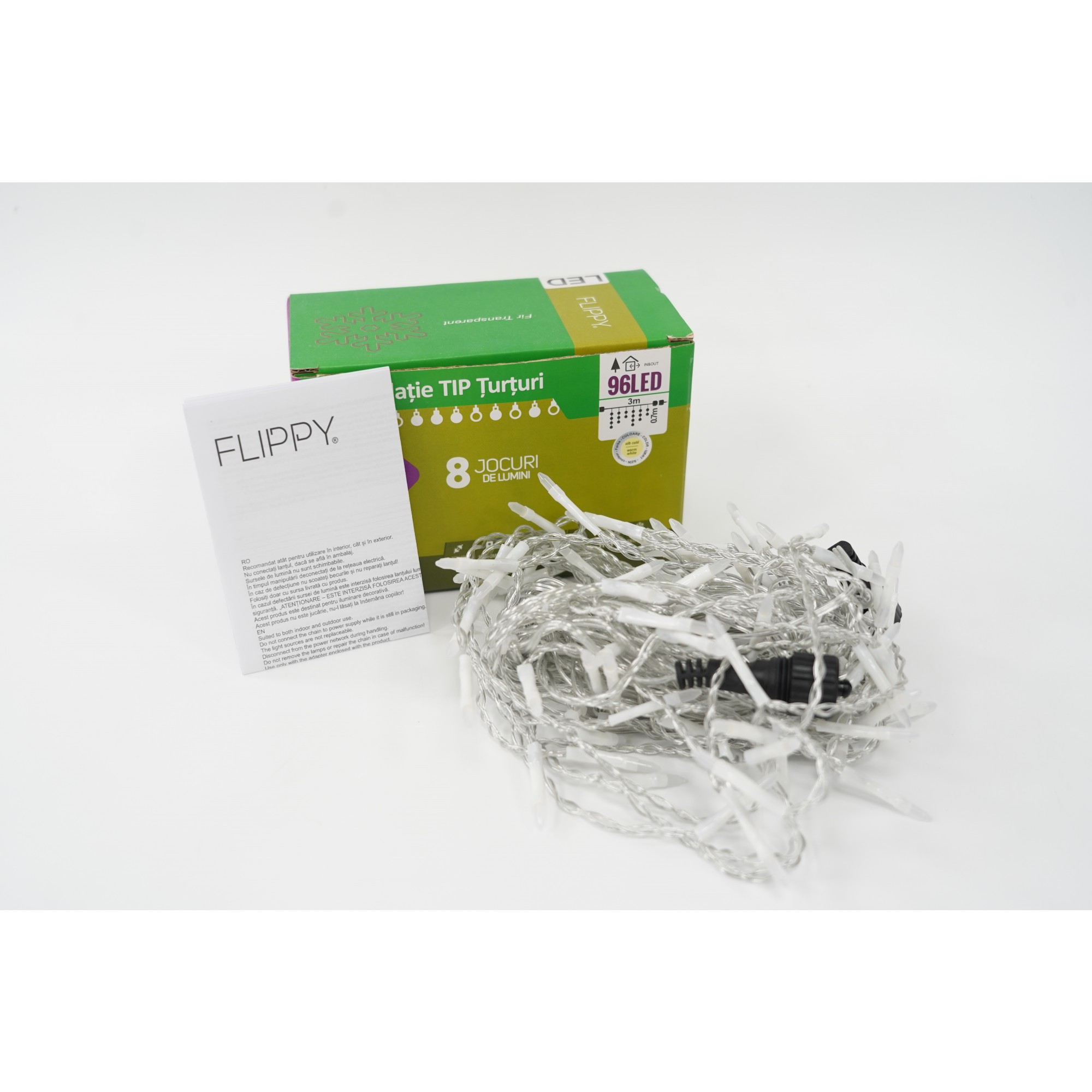 Sectiune Instalatie de Craciun Flippy® Tip Turturi, 8 jocuri de lumini 3 m, 96 LED-uri, Interconectabila, Fir Transparent, Alb Cald, Atentie! nu contine alimentator - Image 4