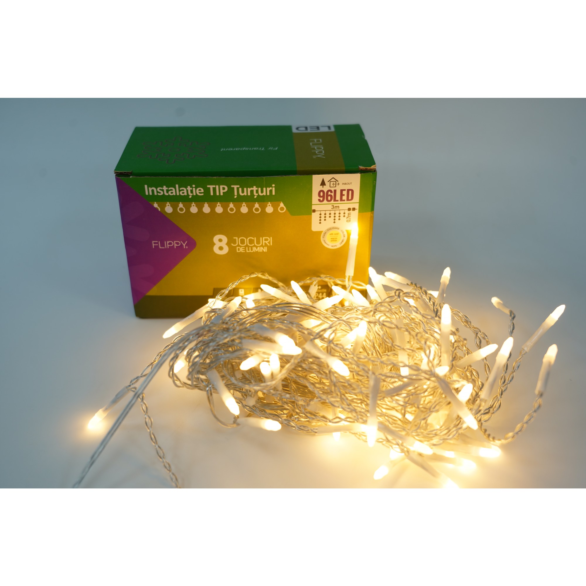 Sectiune Instalatie de Craciun Flippy® Tip Turturi, 8 jocuri de lumini 3 m, 96 LED-uri, Interconectabila, Fir Transparent, Alb Cald, Atentie! nu contine alimentator - Image 5